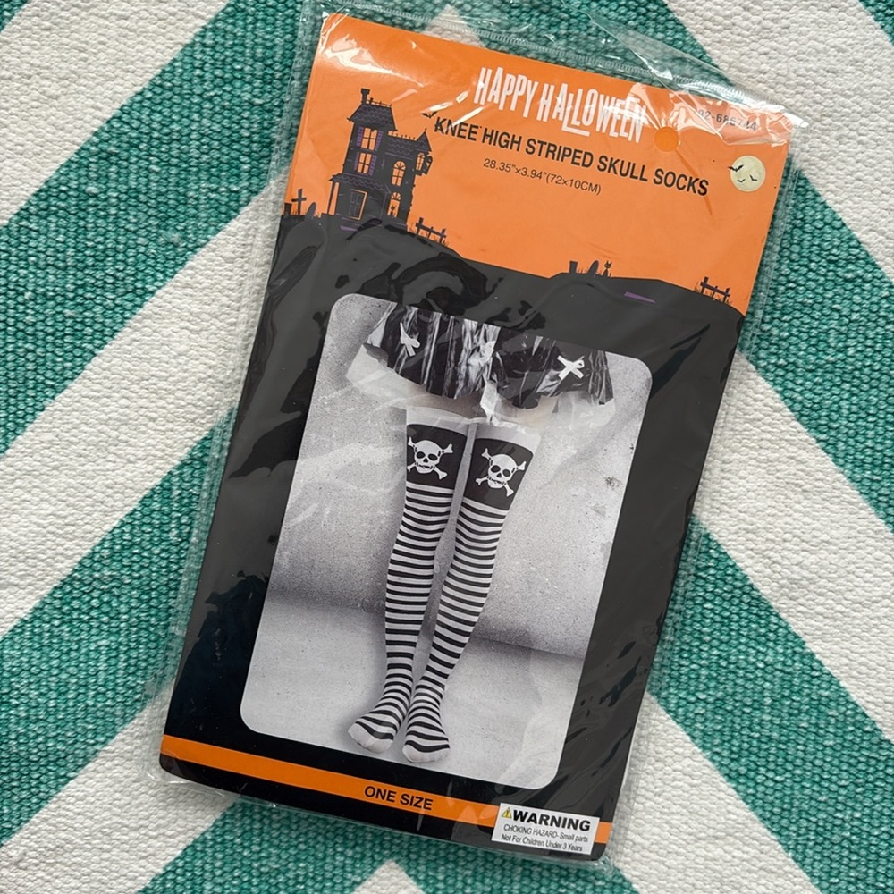 Halloween Knee High Striped Skull Socks - Black and White